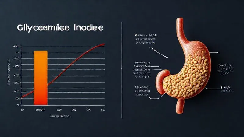 A visually striking infographic illustrating the concepts of Glycemic Index (IG) and satiety. On one side, a graph showing rapid blood sugar spikes for high IG foods versus a gradual, sustained release for low IG foods, with icons of fast food vs. whole grains. On the other side, a stomach icon visually representing how protein and fiber expand and linger, creating a feeling of fullness. Professional, clean design, photorealistic, 8K, cinematic lighting, sharp focus, depth of field, shot on a high-end DSLR.
