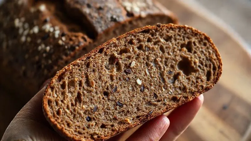 A close-up, photorealistic image of a perfectly baked, dark golden brown protein bread loaf, freshly sliced, revealing a dense yet moist crumb packed with visible seeds and grains. The slice is held gently in a hand, showing its substantial texture. Soft, natural light highlights the details. Professional photography, 8K, cinematic lighting, sharp focus, depth of field, shot on a high-end DSLR, conveying health and artisanal quality.