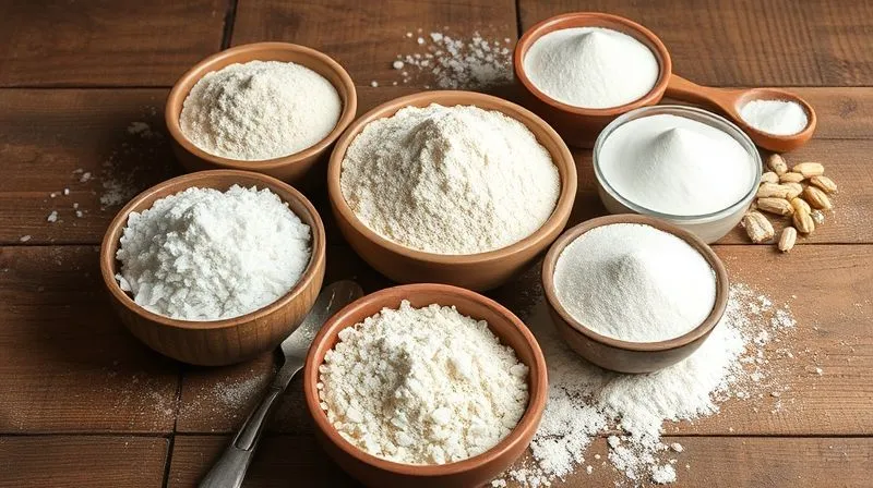 A diverse collection of gluten-free flours in various bowls – rice flour, tapioca starch, potato starch, corn flour, and a small bowl of psyllium husk, all arranged on a rustic wooden table with soft, natural light, photorealistic, professional photography, 8K, cinematic lighting, sharp focus, depth of field, shot on a high-end DSLR.
