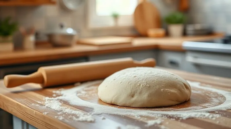 A clean, organized kitchen countertop with a large wooden board, a rolling pin, and a portion of gluten-free dough covered with a damp cloth, suggesting ideal working conditions. Soft, ambient cinematic lighting, photorealistic, professional photography, 8K, sharp focus on the covered dough, depth of field blurring the background, shot on a high-end DSLR.