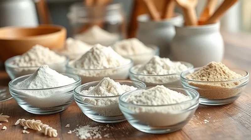 A detailed, photorealistic close-up of various gluten-free flours (rice, tapioca, potato starch, xanthan gum, psyllium husk) neatly arranged in small, elegant glass bowls on a rustic wooden table, with soft, natural light highlighting their textures. Sharp focus on the different flours, depth of field blurring a background of kitchen utensils. Shot on a high-end DSLR, 8K hyper-detailed.