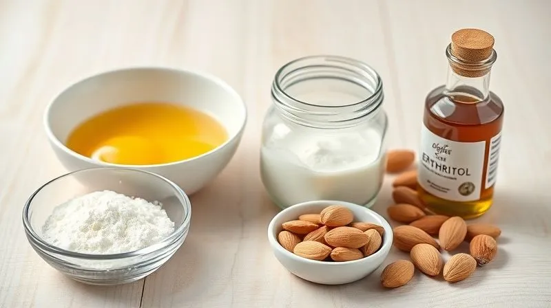 A professional studio shot of high-quality ingredients for sugar-free fit nougat: a bowl of fresh egg whites, a glass jar of erythritol, a small dish of blanched almonds, and a bottle of vanilla extract, all artfully arranged on a light wooden surface with soft, diffused lighting. Photorealistic, 8K, sharp focus on ingredients, depth of field blurring the background, shot on a high-end DSLR.