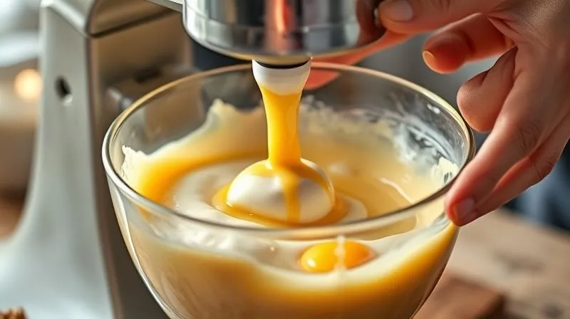 A dynamic, close-up shot of a kitchen aid mixer vigorously beating egg whites and hot syrup into a glossy, thick nougat mixture. Steam gently rises, creating a soft atmospheric effect. Hands are visible, carefully guiding the process. Photorealistic, 8K, cinematic lighting, sharp focus on the mixing action, depth of field blurring the background, shot on a high-end DSLR.