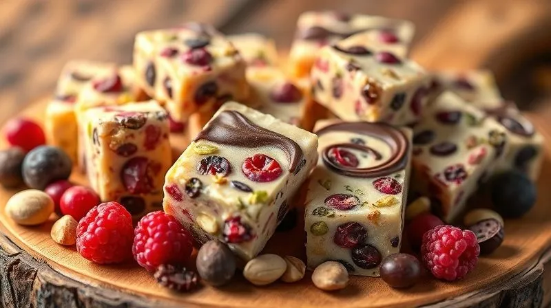 A vibrant, artfully arranged close-up of colorful, sugar-free fit nougat pieces infused with various natural ingredients like dried berries, pistachios, and a swirl of dark sugar-free chocolate. The nougat pieces are displayed on a rustic wooden board, bathed in warm, inviting light. Photorealistic, 8K, cinematic lighting, sharp focus on the textures and colors, depth of field blurring the background, shot on a high-end DSLR.