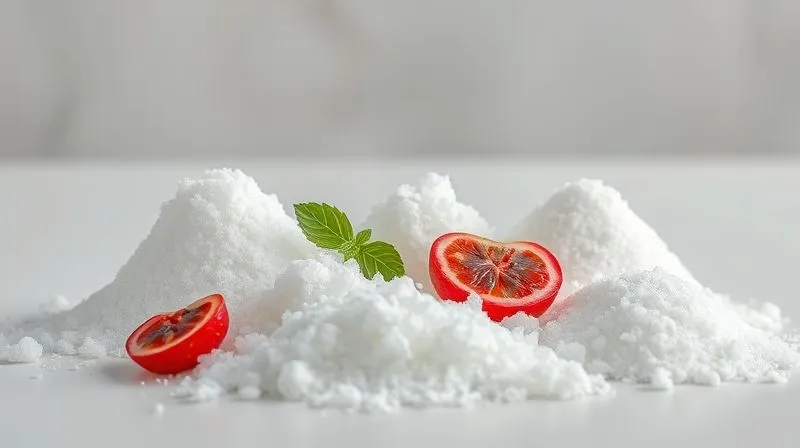 Photorealistic, professional photography, 8K, cinematic lighting, sharp focus on a collection of various sugar substitutes – crystalline erythritol, powdered stevia, liquid monk fruit, and granular xylitol – arranged aesthetically on a smooth, light surface. The background is softly blurred, highlighting the different textures and forms of the sweeteners. Shot on a high-end DSLR, depth of field.