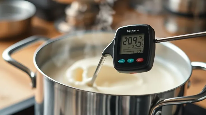 Photorealistic, professional photography, 8K, cinematic lighting, sharp focus on a digital thermometer accurately measuring the temperature of a creamy, white nougat mixture in a stainless steel pot over a gentle double boiler setup. Steam subtly rises, and the background is softly blurred, emphasizing the precision and care required. Shot on a high-end DSLR, depth of field.