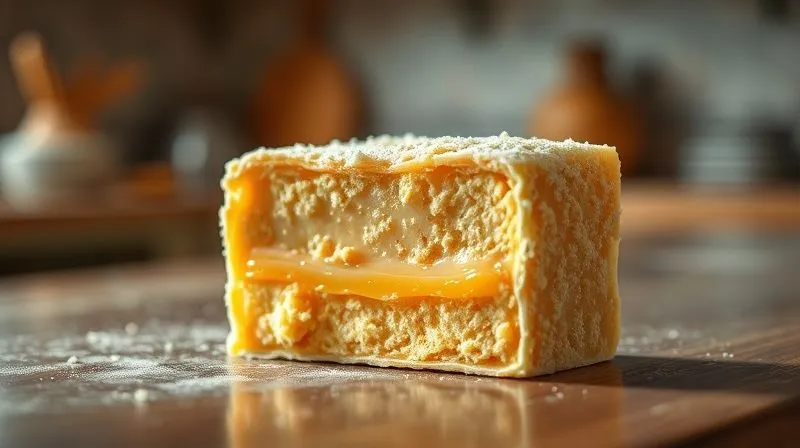 Photorealistic, professional photography, 8K, cinematic lighting, sharp focus on a piece of homemade fit nougat that has clearly failed: it is either crumbly and crystalized, or overly sticky and shapeless, with a visible layer of separated liquid. The image evokes a sense of culinary frustration. The background is a blurred kitchen counter, emphasizing the imperfect nougat. Shot on a high-end DSLR, depth of field.