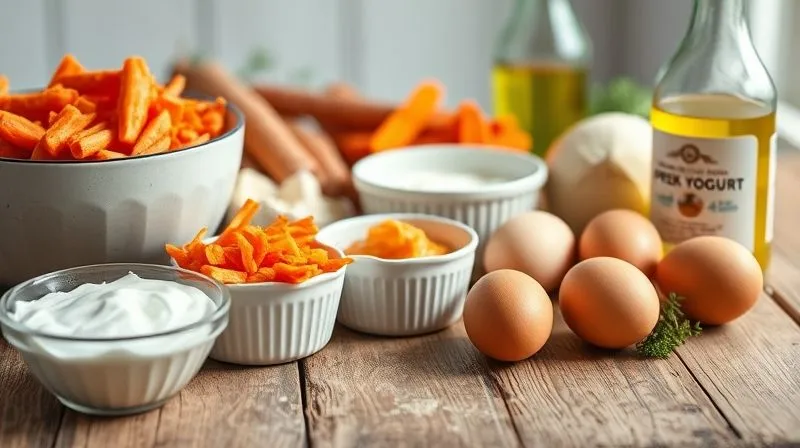 A photorealistic, professional photography image of a collection of moist-enhancing ingredients for a carrot cake: a bowl of grated carrots, a small bowl of unsweetened apple puree, a container of Greek yogurt, a few eggs, and a bottle of coconut oil, all arranged on a rustic wooden table with soft, natural light. Cinematic lighting, sharp focus on the ingredients, depth of field, 8K hyper-detailed, shot on a high-end DSLR.