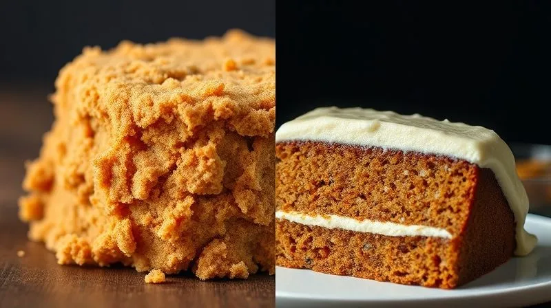A photorealistic, professional photography image of two carrot cakes side-by-side. On the left, a visibly dry, crumbly, light-colored carrot cake, looking unappealing. On the right, a perfectly moist, rich-colored, beautifully sliced carrot cake with a healthy frosting, exuding freshness. The contrast is stark, highlighting the transformation. Cinematic lighting, sharp focus on both cakes, depth of field, 8K hyper-detailed, shot on a high-end DSLR.