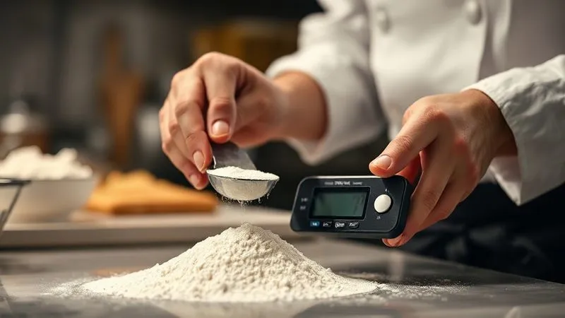 Photorealistic close-up of a chef's hand precisely measuring protein powder with a digital scale, kitchen background blurred, cinematic lighting, 8K, sharp focus.