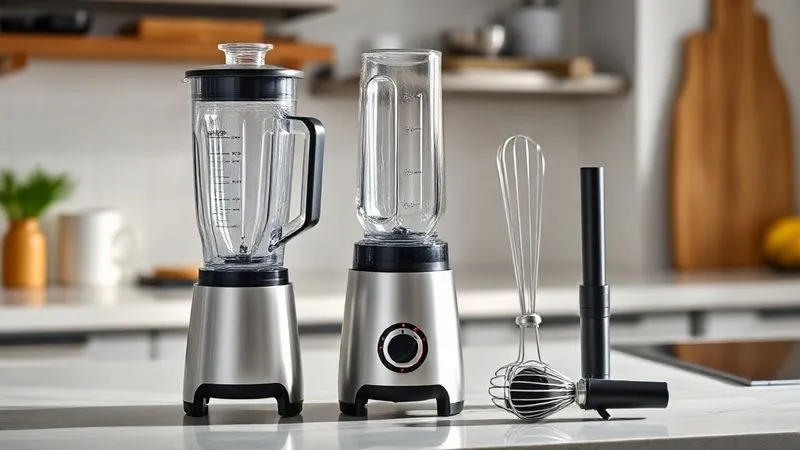 A professional kitchen counter with various blending tools: a high-speed blender, a hand immersion blender, and a whisk, all clean and ready for use, bathed in soft, natural light, 8K, sharp focus.