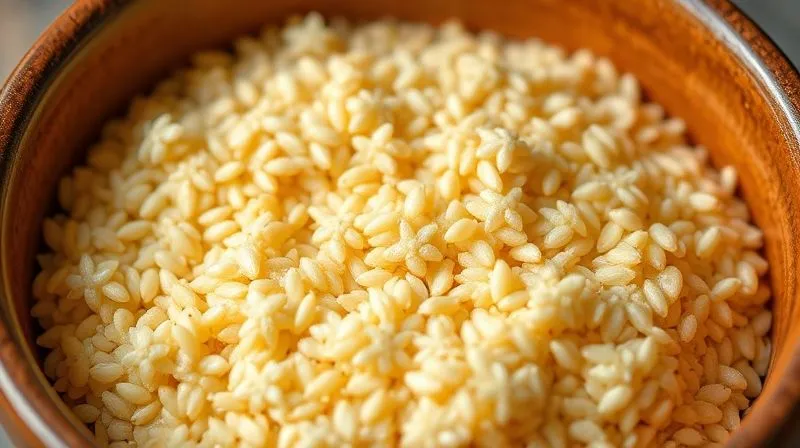 photorealistic, professional photography, 8K, cinematic lighting, sharp focus, depth of field, shot on a high-end DSLR. A close-up of perfectly cooked, fluffy millet grains in a ceramic bowl, steaming gently, with a soft, warm glow, suggesting readiness for blending into a creamy dessert. The texture is soft and tender.