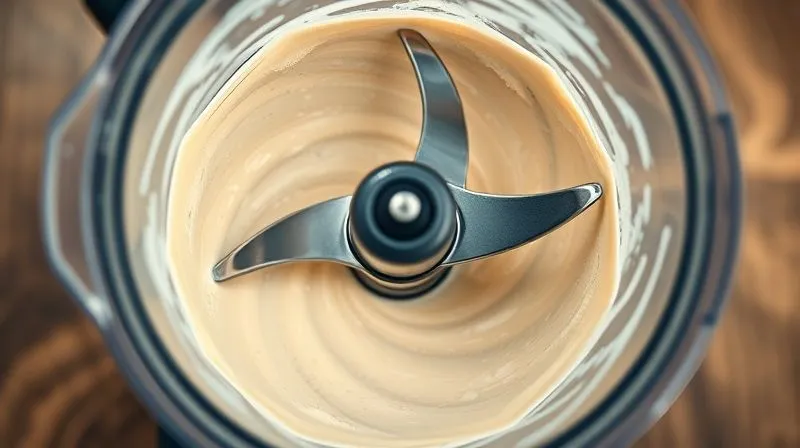 photorealistic, professional photography, 8K, cinematic lighting, sharp focus, depth of field, shot on a high-end DSLR. A high-speed blender in action, creating a swirling vortex of a creamy, light-colored millet cake mixture. The blades are blurred with motion, while the smooth texture of the blending mixture is in sharp focus, capturing the essence of transformation from raw ingredients to a silky smooth batter.