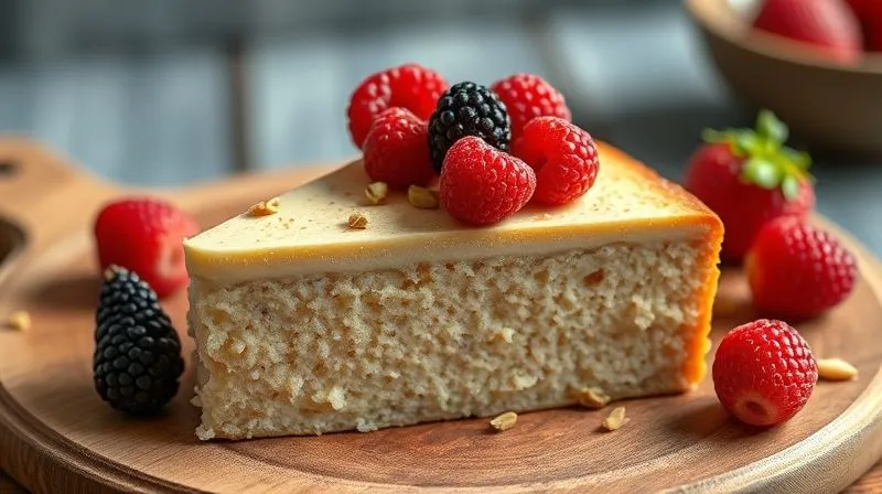 photorealistic, professional photography, 8K, cinematic lighting, sharp focus, depth of field, shot on a high-end DSLR. A beautifully presented slice of creamy, fit millet cake, garnished with fresh berries and a sprinkle of chopped pistachios, on a rustic wooden board. The cake slice reveals its smooth, dense, and uniform texture, with a subtle sheen. Natural light highlights the details, evoking a sense of healthy indulgence and culinary artistry.