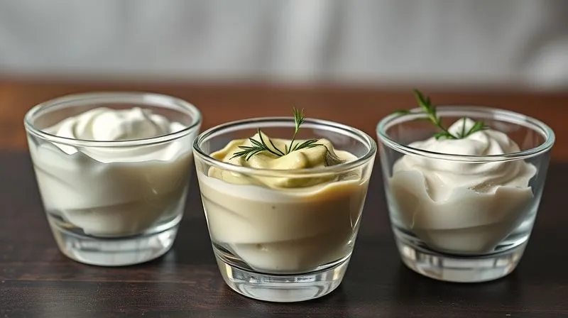A close-up, photorealistic image of three small, elegant glass bowls, each containing a different creamy, light dressing alternative: one with thick Greek yogurt, another with a blend of avocado and herbs, and a third with smooth blended cottage cheese. Each bowl is garnished with a tiny sprig of fresh dill or chive. The background is softly blurred, highlighting the textures and colors of the dressings. professional photography, 8K, cinematic lighting, sharp focus, depth of field, shot on a high-end DSLR.