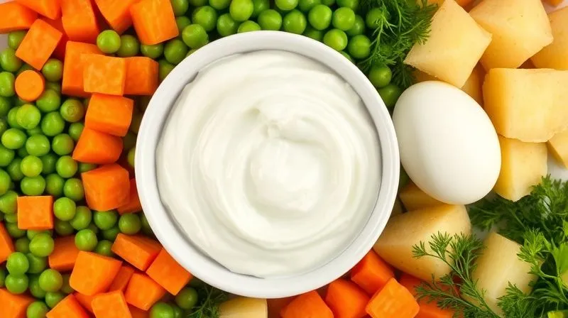A vibrant, photorealistic overhead shot of a neatly organized selection of fresh, healthy ingredients for a low-fat vegetable salad. Includes bright green peas, diced carrots, boiled potatoes, hard-boiled egg whites, and a bowl of thick Greek yogurt, alongside fresh dill and parsley. The colors are rich and inviting, emphasizing health and natural goodness. professional photography, 8K, cinematic lighting, sharp focus, depth of field, shot on a high-end DSLR.