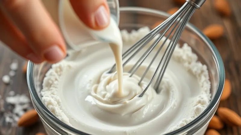 A close-up, photorealistic image of a hand slowly pouring almond milk into a bowl of protein powder, creating a smooth paste with a whisk, cinematic lighting, sharp focus, depth of field, 8K hyper-detailed, shot on a high-end DSLR.
