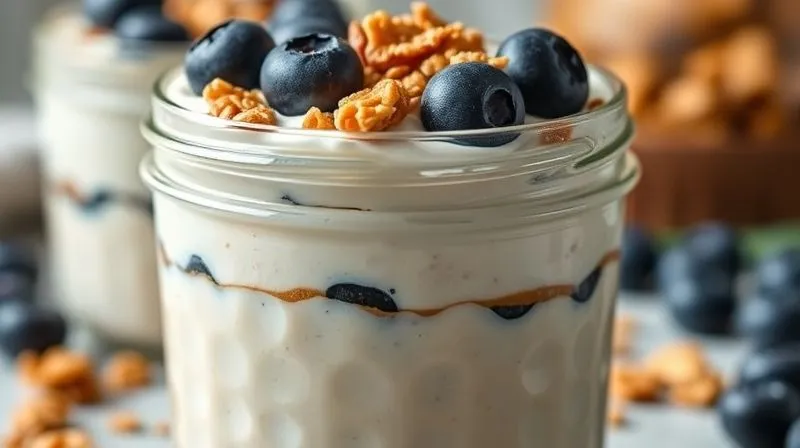 A professional photography shot of a perfectly chilled, creamy protein pudding served in a glass jar, layered with fresh blueberries and granola, ready to eat. Soft natural light, sharp focus on the layers, depth of field, 8K, shot on a high-end DSLR, conveying freshness and healthy appeal.
