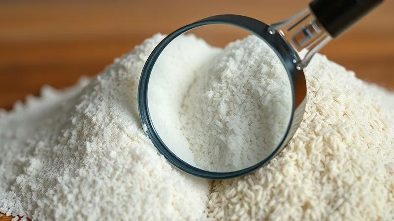 A close-up, photorealistic image of two different types of flour: on one side, a pile of fine white rice flour, and on the other, a pile of slightly off-white wheat flour, with a magnifying glass hovering over the rice flour, highlighting its granular texture. Cinematic lighting, sharp focus on the flour, depth of field blurring the background, 8K hyper-detailed, professional photography, shot on a high-end DSLR.