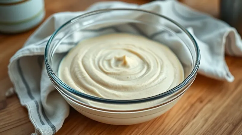 A close-up, photorealistic image of a glass bowl filled with a smooth, light beige pancake batter, resting on a wooden counter. A kitchen towel is draped gently over the bowl. Soft, diffused natural light illuminates the scene, creating a sense of calm and anticipation. Photorealistic, professional photography, 8K, cinematic lighting, sharp focus on the batter, depth of field blurring the background, shot on a high-end DSLR.