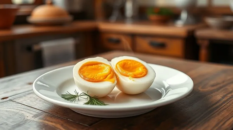 photorealistic, professional photography, 8K, cinematic lighting, sharp focus, depth of field, shot on a high-end DSLR, a perfectly soft-boiled egg cut in half, yolk slightly runny, steam gently rising, placed on a simple, clean white plate with a sprig of fresh dill, symbolizing healthy eating and precision, on a rustic wooden table in a well-lit kitchen, warm morning light.