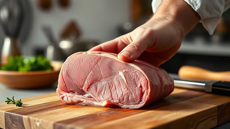 Photorealistic, professional photography of a butcher's hand presenting a fresh, lean cut of light pink veal loin on a clean, wooden cutting board in a well-lit, rustic-modern kitchen setting. Cinematic lighting, sharp focus on the meat, depth of field blurring the background. 8K hyper-detailed, shot on a high-end DSLR, evoking quality and freshness.