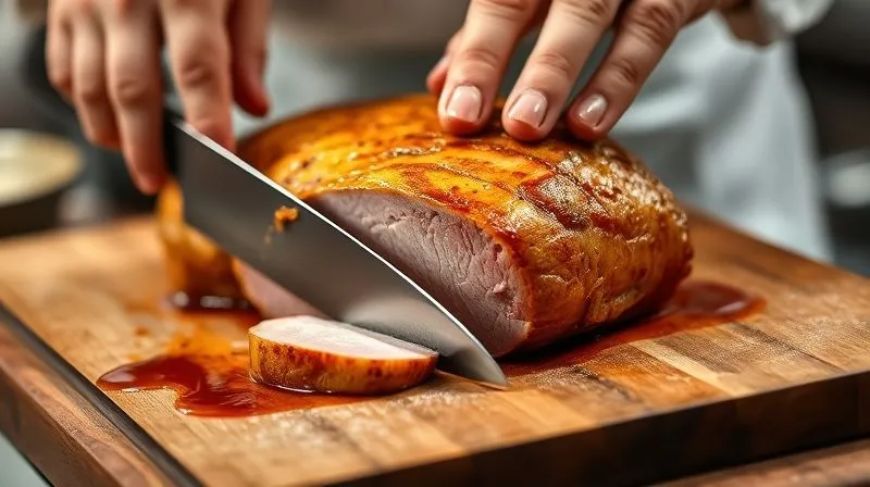 Photorealistic, professional photography of a chef's hands expertly slicing a perfectly rested, golden-brown veal loin against the grain. Juices are visible on the cutting board, but the slices remain moist and intact. Cinematic lighting, sharp focus on the knife and meat, depth of field blurring the background. 8K hyper-detailed, shot on a high-end DSLR, emphasizing precision and succulence.