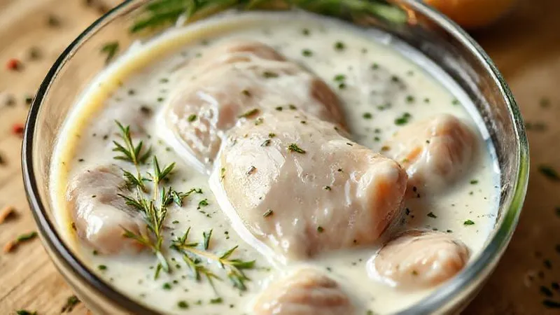 A close-up, photorealistic image of raw chicken pieces marinating in a creamy, herb-infused yogurt sauce in a glass bowl, with fresh herbs and spices scattered around. Cinematic lighting, sharp focus on the texture of the marinating chicken, depth of field. 8K, shot on a high-end DSLR.