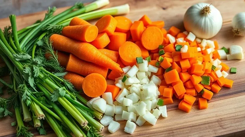 photorealistic, professional photography, 8K, cinematic lighting, sharp focus, depth of field, shot on a high-end DSLR. A vibrant still life of fresh, colorful vegetables like carrots, celery, and onions, neatly chopped and arranged on a wooden cutting board, ready for soup preparation. Soft, warm light illuminates the scene, emphasizing the freshness and natural textures.