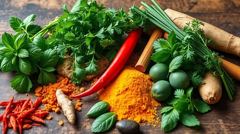 photorealistic, professional photography, 8K, cinematic lighting, sharp focus, depth of field, shot on a high-end DSLR. An array of colorful fresh herbs like basil, parsley, cilantro, and thyme, alongside exotic spices such as turmeric, ginger, and chili flakes, elegantly arranged on a rustic wooden surface. The lighting is dramatic, highlighting the textures and vibrant colors. Emotional resonance: aromatic, flavorful, healthy.