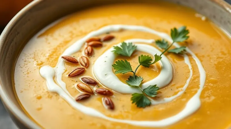 photorealistic, professional photography, 8K, cinematic lighting, sharp focus, depth of field, shot on a high-end DSLR. A close-up shot of a creamy, low-fat vegetable soup in an elegant bowl, garnished with a sprinkle of roasted pumpkin seeds, fresh parsley, and a delicate swirl of plain Greek yogurt. The focus is on the inviting texture and colorful toppings, with soft, natural light creating a mouth-watering effect. Emotional resonance: gourmet, healthy, satisfying.