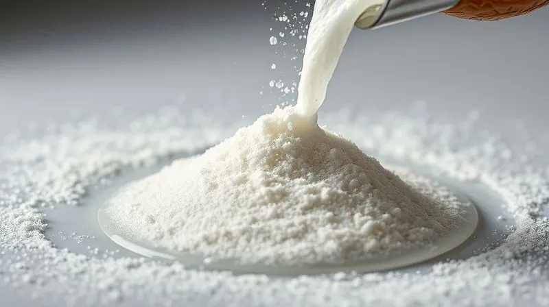 A close-up, photorealistic image of fine white coconut flour being slowly poured onto a small puddle of clear water, showing the flour immediately absorbing the liquid and expanding. Cinematic lighting, sharp focus on the absorption process, depth of field, 8K hyper-detailed, shot on a high-end DSLR.