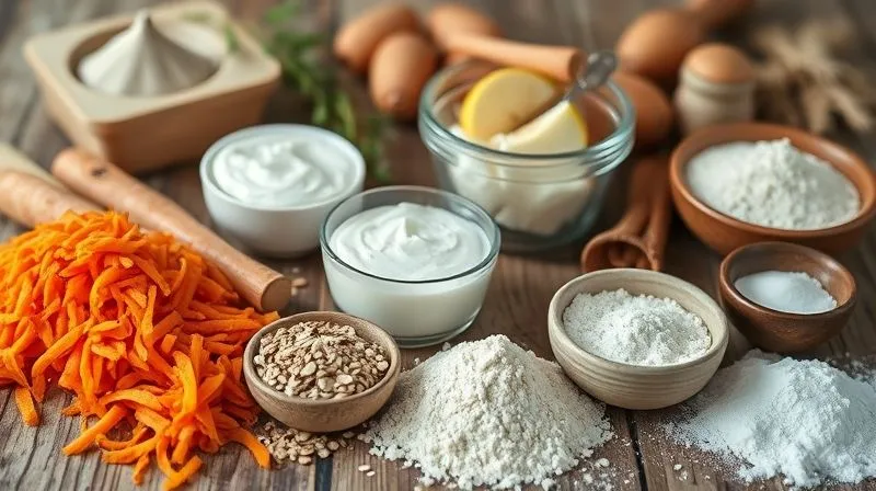 A photorealistic, professional photography, 8K, cinematic lighting, sharp focus, depth of field shot on a high-end DSLR of a selection of healthy baking ingredients beautifully arranged on a rustic wooden table: finely grated carrots, a bowl of unsweetened apple sauce, a container of Greek yogurt, various healthy flours (oat, almond, whole wheat) in small ceramic bowls, and natural sweeteners like erythritol and stevia. Soft, warm lighting emphasizes the textures and colors of the ingredients, suggesting natural goodness.