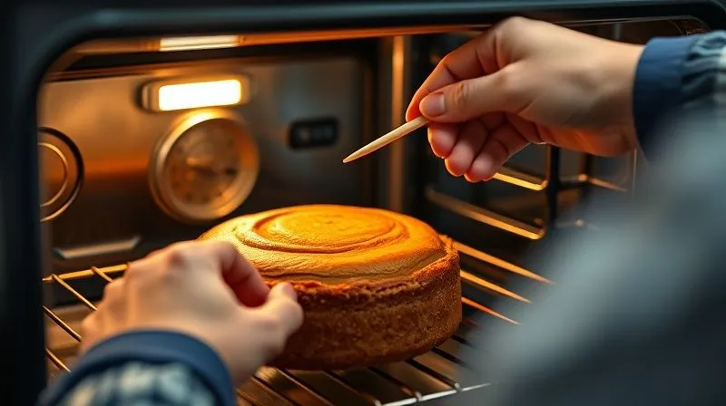 A photorealistic, professional photography, 8K, cinematic lighting, sharp focus, depth of field shot on a high-end DSLR of a kitchen scene with a person carefully checking the doneness of a carrot cake in an oven using a wooden skewer. The oven light illuminates the cake, showing its golden-brown top. The hands are in sharp focus, while the background kitchen is softly blurred, emphasizing the precision and care in baking.