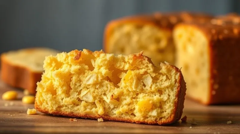 photorealistic, professional photography of a crumbling, dry piece of gluten-free cornbread, contrasted with a perfectly moist slice in the background, cinematic lighting, sharp focus, 8K hyper-detailed.