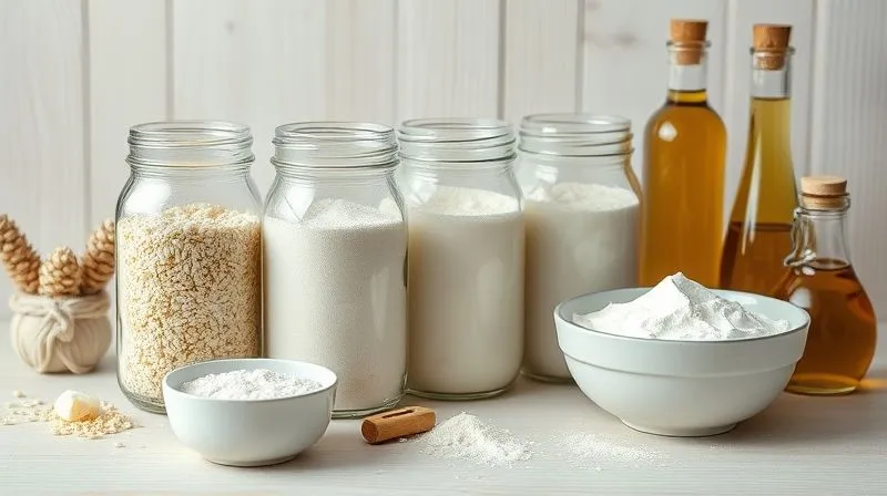 photorealistic, professional photography of various gluten-free flours (cornmeal, rice flour, tapioca starch) in elegant glass jars, alongside a bowl of yogurt and a bottle of olive oil, all on a light wooden surface. Cinematic lighting, sharp focus, depth of field, 8K hyper-detailed.