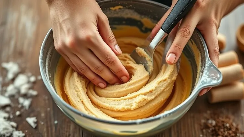 photorealistic, professional photography of hands gently folding a cornbread batter in a mixing bowl with a spatula, indicating careful mixing. Flour dust lightly in the air. Cinematic lighting, sharp focus on the hands and batter, depth of field, 8K hyper-detailed.