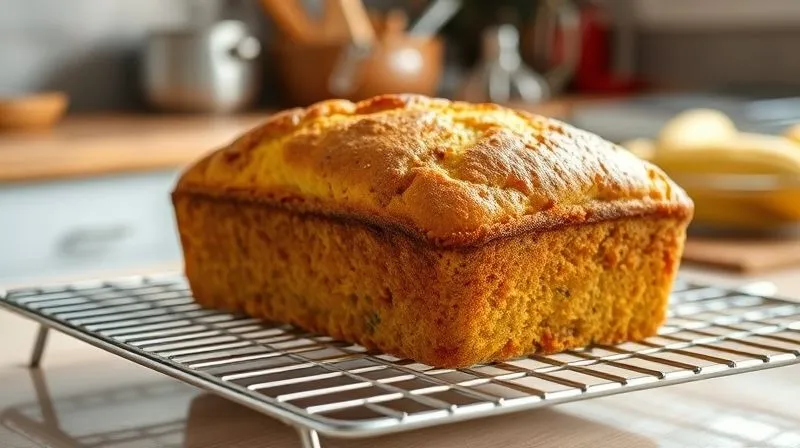 photorealistic, professional photography of a warm, freshly baked gluten-free cornbread loaf cooling on a wire rack, steam subtly rising, in a cozy kitchen setting. Cinematic lighting, sharp focus, depth of field, 8K hyper-detailed.