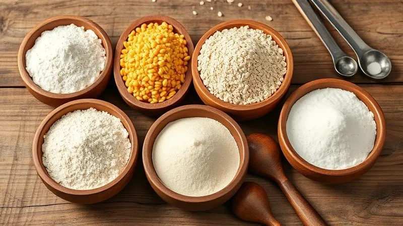 Photorealistic close-up of different types of gluten-free flours in small wooden bowls: fine corn flour, medium cornmeal, brown rice flour, oat flour, and tapioca starch, arranged on a rustic wooden table with measuring spoons. Soft, natural light. 8K hyper-detailed.