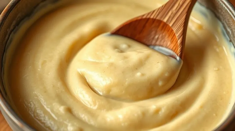 Photorealistic close-up of a bowl of cornbread batter, showing a smooth but slightly lumpy texture. A wooden spoon is gently stirring the batter, with a focus on the consistency. Rustic kitchen setting, natural light, 8K hyper-detailed.