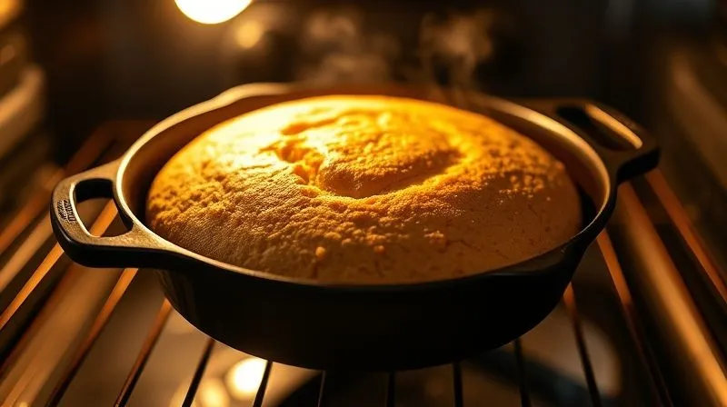 Photorealistic, professional photography of a golden-brown gluten-free cornbread baking in a rustic cast iron skillet inside a slightly open oven. Warm, cinematic light illuminates the steam gently rising from the bread. Sharp focus on the bread's crust, depth of field blurring the oven interior. 8K hyper-detailed, inviting.