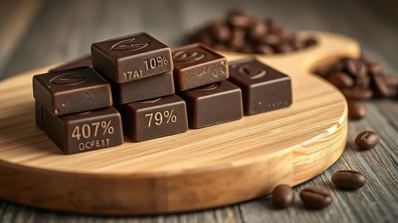 Photorealistic close-up of dark chocolate squares with varying cocoa percentages (70%, 85%, 99%), arranged aesthetically on a wooden board, with a small pile of cocoa beans in the background. Cinematic lighting, sharp focus, depth of field, 8K, professional photography.