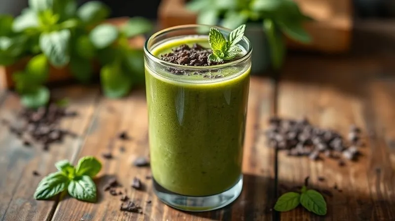 Photorealistic image of a vibrant green smoothie in a glass jar, topped with a sprinkle of grated dark chocolate and a few fresh mint leaves, on a rustic wooden table with natural light. Sharp focus, depth of field, 8K, professional photography.