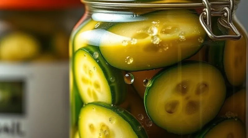 Photorealistic close-up of a glass jar filled with perfectly fermented pickled cucumbers, with visible bubbles and a rich, cloudy brine. The label is blurred, emphasizing the natural fermentation process. Cinematic lighting, sharp focus on the textures of the cucumbers and the brine, depth of field, 8K, professional photography.