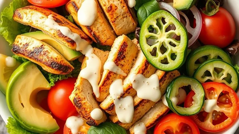 Photorealistic close-up of a vibrant, fresh keto salad bowl. It features grilled chicken, sliced avocado, cherry tomatoes, and prominent, thinly sliced pickled cucumbers. The salad is drizzled with a light, creamy dressing. Shot from above, with bright, natural lighting, sharp focus on the ingredients, depth of field, 8K, professional photography.