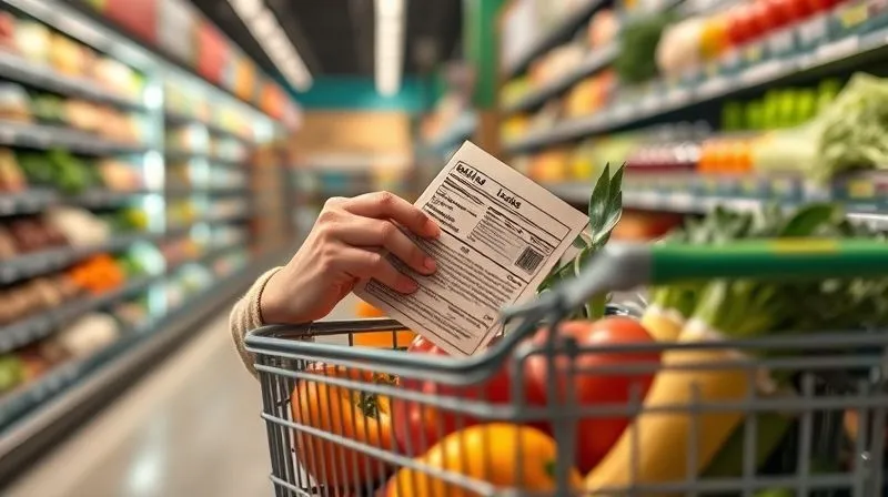 Photorealistic image of a person carefully reading a food label in a grocery store aisle, with a shopping cart in the foreground containing various healthy, fresh ingredients. The focus is on the label in their hand, indicating a conscious and informed choice. Cinematic lighting, sharp focus, depth of field, 8K, professional photography.