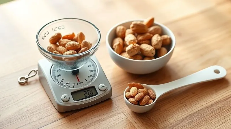 Photorealistic image of a small kitchen scale with a measured portion of walnuts in a bowl, next to a measuring spoon with almonds, all on a clean wooden countertop. The lighting is bright and natural, emphasizing precision and healthy eating. 8K, professional photography, sharp focus, depth of field, shot on a high-end DSLR.