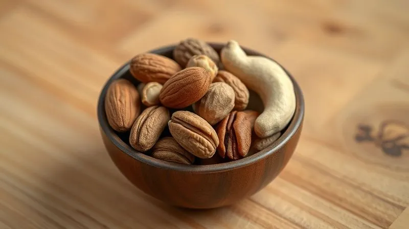 A close-up, photorealistic, professional photography shot of a small, perfectly arranged bowl containing various types of nuts: almonds, walnuts, pecans, and cashews. Each nut is distinct and shows its natural texture. The background is a soft, warm wooden surface, with natural light highlighting the details of the nuts. 8K, cinematic lighting, sharp focus, depth of field, shot on a high-end DSLR.