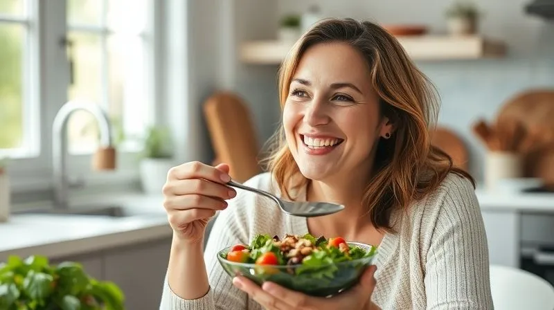 A photorealistic, professional photography shot of a woman in her late 30s, smiling genuinely as she enjoys a vibrant salad with a sprinkle of nuts. She is sitting in a bright, modern kitchen, bathed in natural light. The focus is on her happy expression and the healthy meal. 8K, cinematic lighting, sharp focus, depth of field, shot on a high-end DSLR.