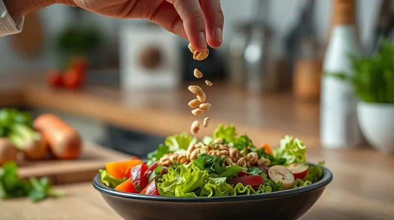 A photorealistic, professional photography shot of an expert's hand carefully sprinkling a small, measured amount of nuts onto a fresh, vibrant salad. The focus is on the precision and mindfulness of the action. The background shows a clean, organized kitchen counter. 8K, cinematic lighting, sharp focus, depth of field, shot on a high-end DSLR.